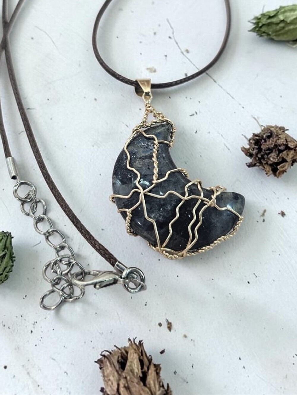 Handcrafted Black Moonstone Pendant Necklace with Gold Wire Wrap